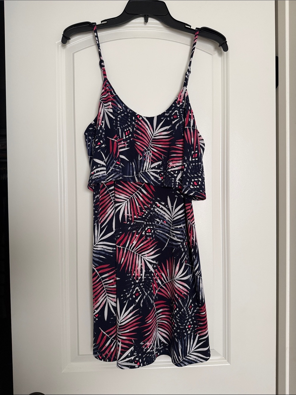 Express Navy Spaghetti-Strap Mini Dress with Pink & White Tropical Print